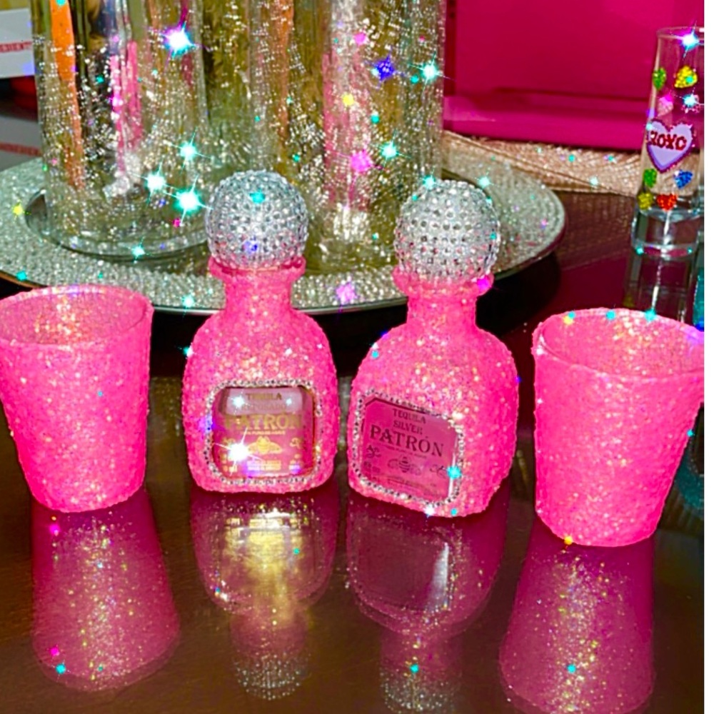 Bedazzled bottles with matching shot glasses
